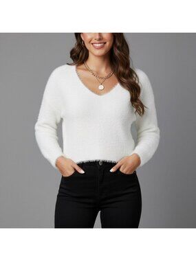 White Drop Shoulder Fuzzy Sweater